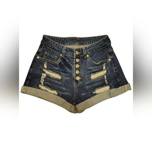 Women's Dark Wash High-Waisted Distressed Frayed Hem Casual Denim Jean Shorts, S